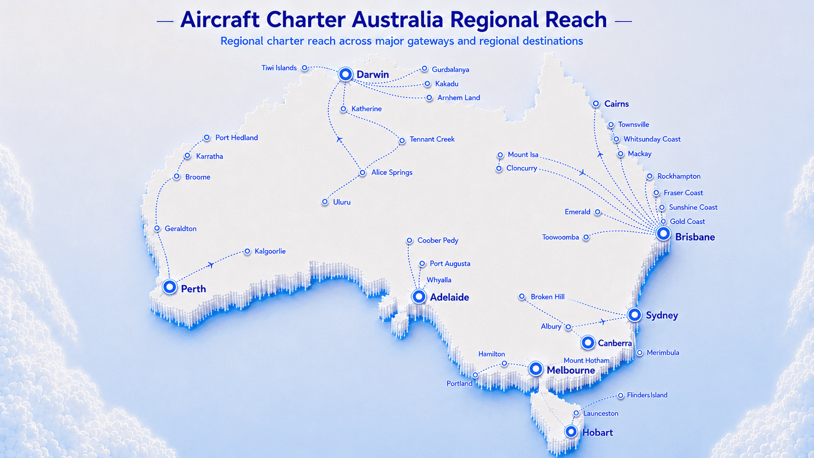 Aircraft Charter Australia regional reach map showing major gateway locations and regional aircraft charter service areas